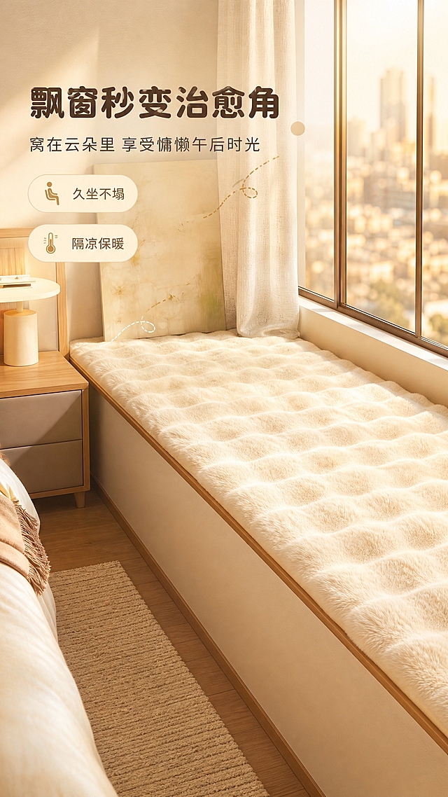 [商品] 使用【图4】飘窗兔毛垫场景；保留奶白色兔毛飘窗垫的波浪纹肌理、蓬松厚度和长方形形态；增强毛绒纹理细腻度，统一整体暖调氛围。
[画面] 飘窗场景页，目标是营造慵懒治愈的飘窗时光氛围。竖版构图，飘窗垫位于画面中下区域，从左下延伸至右上，呈透视角度。左侧可见床头柜和台灯，右侧大窗透进暖光，窗外城市景观虚化。产品占画面约50%，前景地毯清晰，中景飘窗台面，后景窗帘和窗外景色。
[视觉] 套系策略：风格=温馨奶油风家居商业摄影；标题字=圆润粗黑体；正文字=简洁圆角无衬线体；主色=奶白米杏；背景延展=基于奶白米杏做深浅层级、同色渐变和细腻织物/墙面质感；强调色=奶茶棕，仅用于小面积图标、引线和标签；标题色=深暖棕；正文色=中暖灰；组件=圆角浅底信息卡、细曲线引线、软圆点装饰；光影=右侧暖调自然光，柔和漫射，毛绒边缘有通透逆光轮廓。
[文字] 左上区域主标题"飘窗秒变治愈角"，副标题"窝在云朵里 享受慵懒午后时光"，下方2个短卖点"久坐不塌""隔凉保暖"。文字横排，不遮挡飘窗垫主体。
[规格] 图片比例9:16竖版，4K，避免变形、错字、文字过小、冷蓝灰调、地毯材质失真、场景杂乱。