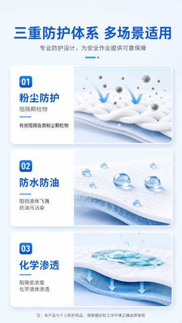 [第3屏] 核心防护功能三重解析。专业功能页，清爽蓝白卡片设计。顶部蓝色标题"三重防护体系 多场景适用"，下方三张功能卡片：1粉尘防护-阻隔颗粒物示意图，说明"有效阻隔各类粉尘颗粒物"；2防水防油-水预览效果