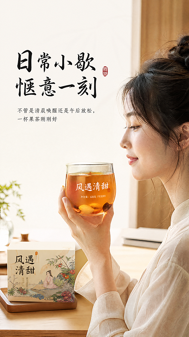[第6屏] 模特展示分享，呈现饮茶氛围感。
[氛围/风格] 安静闲适生活氛围感，国风新中式饮茶场景，自然真实。
[元素布局] 亚洲年轻女性模特半身侧脸入镜，手持泡好的风遇清甜果茶杯，背景是简约浅色原木桌面，桌面放茶礼礼盒一角，保持礼盒包装图案颜色与输入图一致。模特肩部以上入镜，产品茶杯清晰占画面60%-70%主体位置。
[光影质感] 窗边柔和自然光，人物和产品光影自然，明暗层次舒服，整体温馨治愈。
[配色色系] 全局底色：#F8F5F0（浅米色宣纸）；环境色：原木浅棕色+模特浅色系衣物质感；文字延续黑红两色。
[视角构图] 侧面平视视角，模特在右侧，茶杯在中心，左上方留白放文字，符合竖屏阅读。
[文字版式] 左上主标题「日常小歇 惬意一刻」黑色书法字体，下方小字文案「不管是清晨唤醒还是午后放松，一杯果茶刚刚好」，排版符合字体风格和字色规范。
[比例分辨率] 9:16 竖版比例，4K分辨率，文字清晰可辨。
[负向提示词] 模特面部畸形，产品包装变形，文字错乱，颜色偏差，背景杂乱。