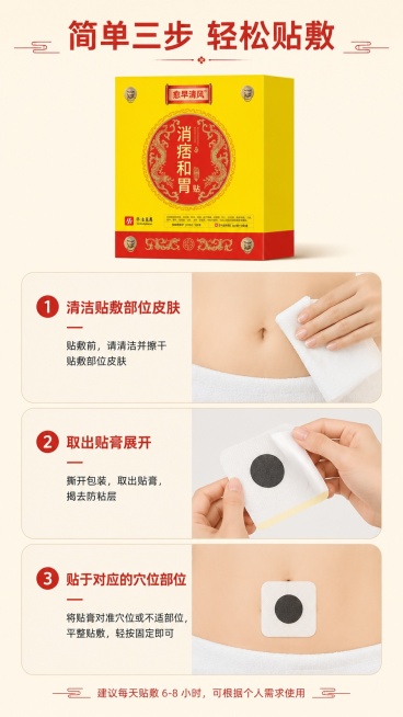 [第4屏] 使用步骤演示屏-消痞和胃贴使用方法分步展示。
[氛围/风格] 简洁实用演示风格，清晰明了，步骤直观。
[元素布局] 竖向排列3个步骤展示区，每个步骤配示意图和说明文字：1.清洁贴敷部位皮肤预览效果