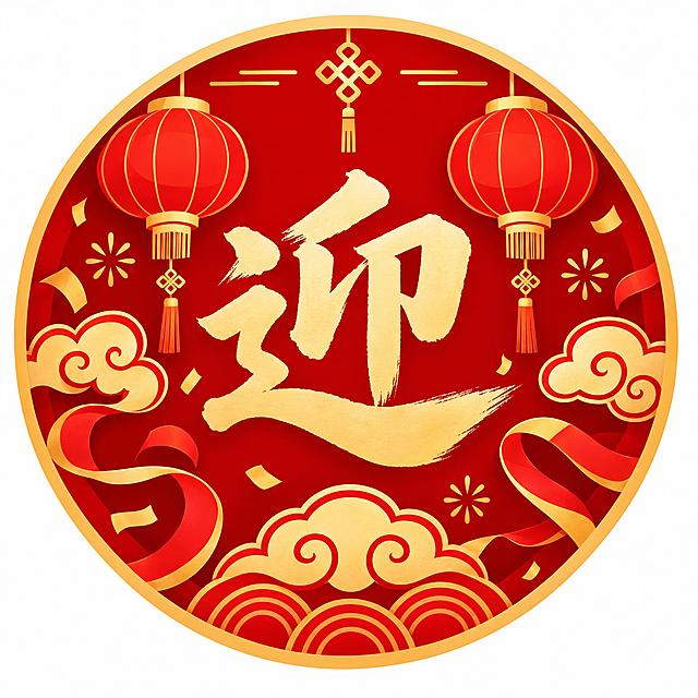 商城节日小图标设计，红色喜庆风格，画面中央是醒目的"迎"字书法字体，周围装饰有传统灯笼、祥云纹样、彩带等节日元素，圆形图标造型，中国传统节日风格，红金配色，扁平化矢量插画风格，简洁大方，适合电商平台使用
