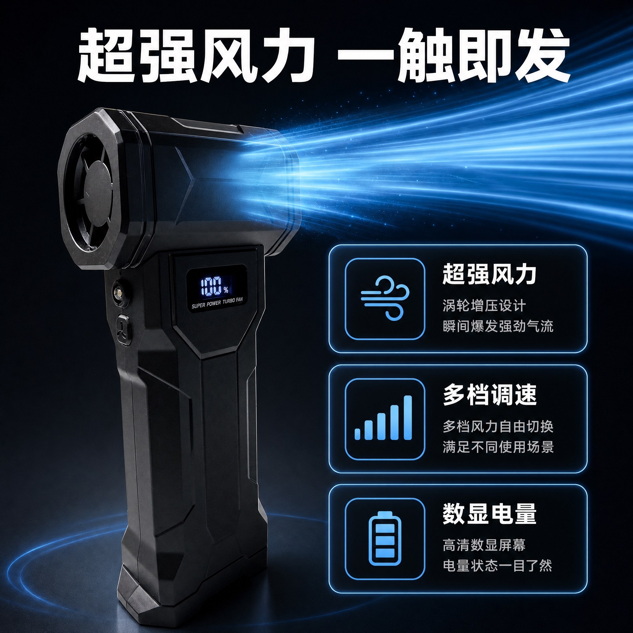 [主图-2] 核心价值卖点图，突出手持涡轮暴力风扇的强劲风力与… - 图片创意预览