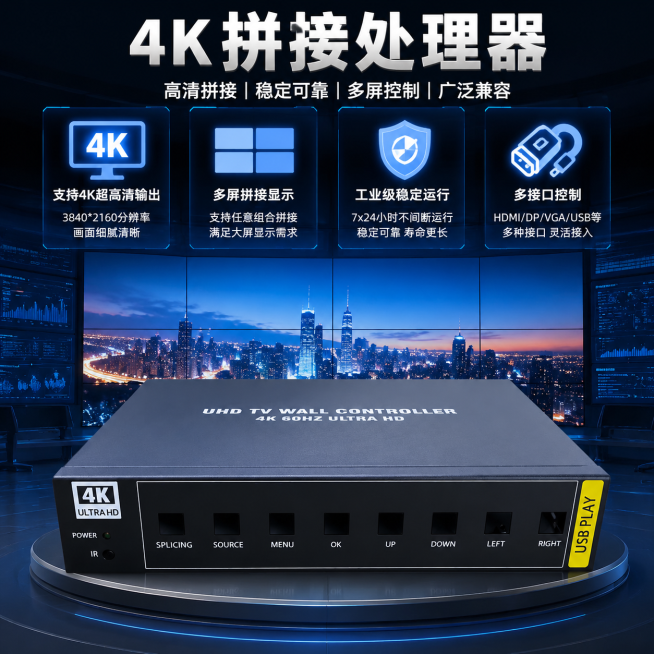 4K拼接处理器整体展示，集合四个卖点：支持4K超高清输出、多屏拼接显示、工业级稳定运行、多接口控制，商显工程风，适配爱采购平台，大气专业科技背景预览效果