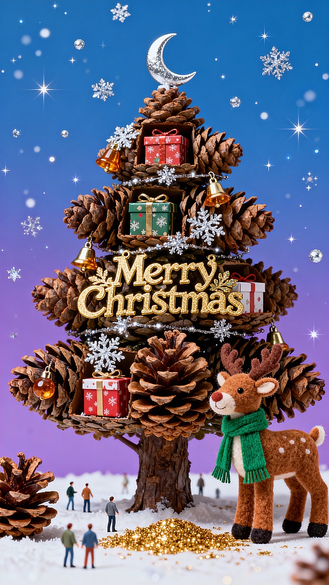 四层松果堆叠的微缩圣诞树场景，缀着银箔雪花、琥珀色铃铛，顶部银色月牙，树身有 “Merry Christmas” 鎏金艺术字。每层嵌着圣诞礼盒；树外右下角立着棕毛绒驯鹿（挂绿围巾），地面撒金粉松果。背景是上下渐变的蓝紫双色，空中飘着闪银雪粒与星点。