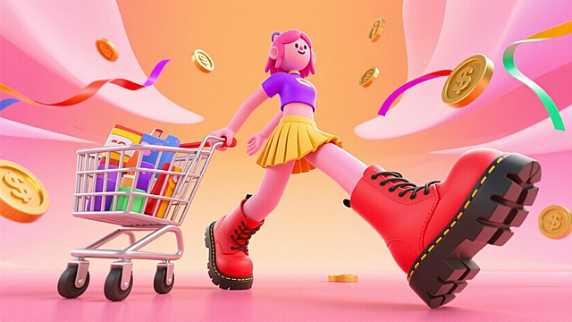 女生推着购物车，购物车里面是各类商品，周围漂浮着金币、彩带，干净的粉橙渐变色背景