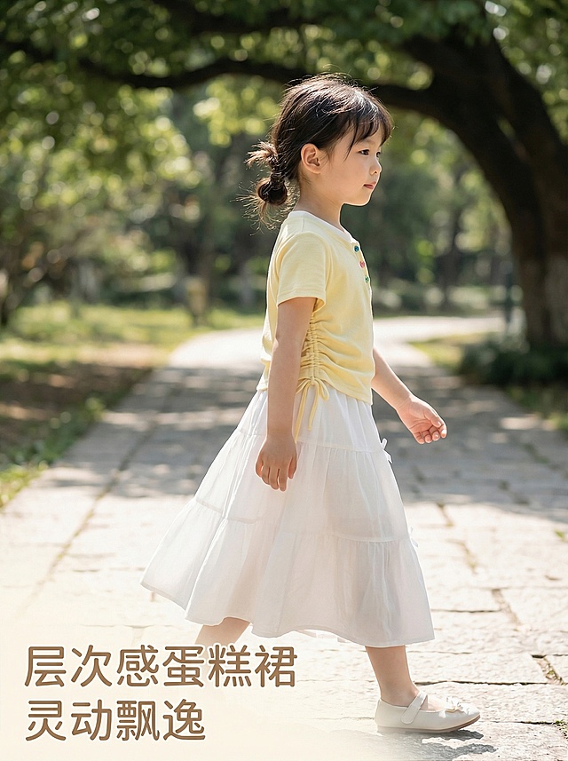 [垫图] https://gdesign-dam-hz.dancf.com/35968923572226148/fb8f67a431ce49b19018e2933d864597.jpg
[主图主题] 女童夏装套装整体版型模特侧展示
[氛围/风格] 小清新生活化风格，户外树荫下自然光，清新自然
[画面元素] 同一位6岁亚洲小女孩模特，侧身走动展示这套套装版型，自然动态抓拍，背景是树荫下的浅色步道，虚化背景突出套装版型和层次感，蛋糕裙的分层结构自然垂坠，整体动作自然不僵硬
[配色色系] 主色调：浅黄+白色；辅助色：浅绿树荫，整体清新柔和
[视角构图] 侧面中景平视，自然景深，主体清晰
[文字版式] 左下角标注 “层次感蛋糕裙 灵动飘逸”，浅棕色圆角字体，悬浮于背景留白处，不遮挡产品
[分辨率] 2k