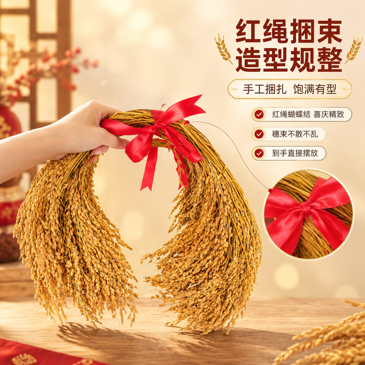 [商品] 使用【图2】稻穗捆红绳装饰摆件（手持展示）；保留干稻… - 图片创意预览