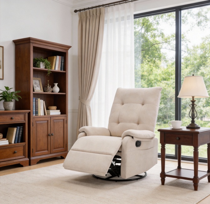 根据参考图中的沙发，沙发的角度位置不变，生成一张美式室内客厅环境场景图，以柔和的白色墙壁，胡桃木色家具、米色窗帘搭配白色纱帘和浅米色地毯为基调，搭配米白色沙发椅，整体色调沉稳柔和，营造出温馨放松的居家预览效果