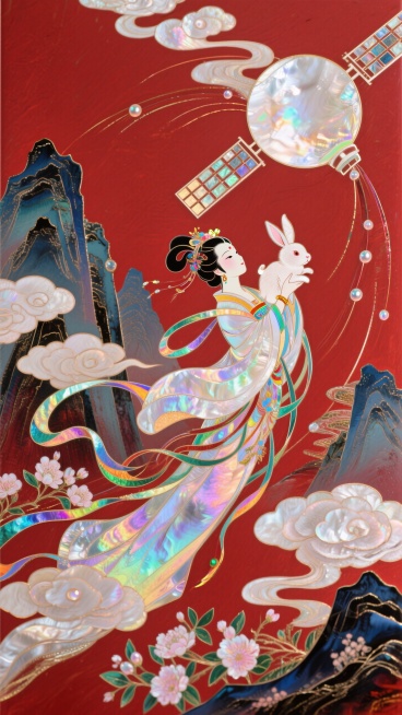 日漫风格，嫦娥怀抱玉兔飞向一个巨大的卫星，衣摆飘逸。周围环绕着祥云和盛开的花朵，背景山脉，红色底色，非常规的动态构图预览效果