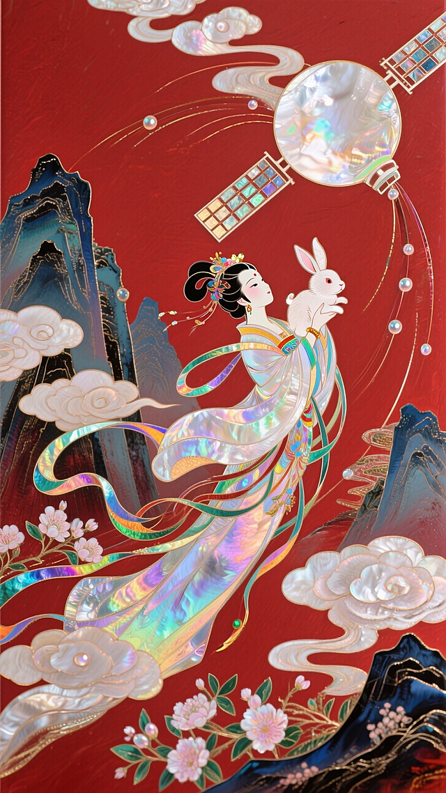 日漫风格，嫦娥怀抱玉兔飞向一个巨大的卫星，衣摆飘逸。周围环绕着祥云和盛开的花朵，背景山脉，红色底色，非常规的动态构图