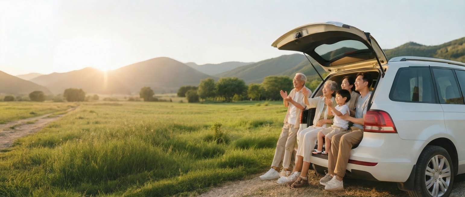 在这张全家福自驾游图片的左侧扩充更多的草地和远山背景，保持原有画面风格、光影和人物车辆不变，延续自然户外场景。预览效果
