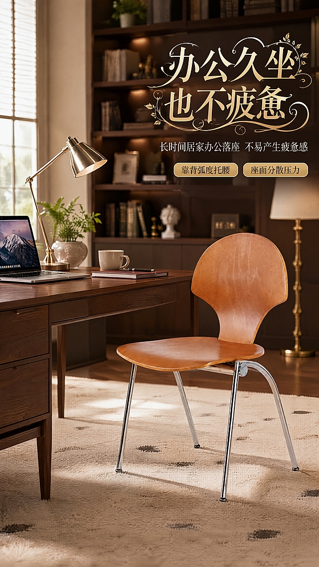 [第3张] 场景展示页—居家办公书房场景。本张使用【图1】作为商品主体，保持椅子的曲木靠背、棕色木纹、电镀金属椅腿的结构比例与颜色完全一致，不改变产品比例尺寸。
[氛围/风格] 高级轻奢书房场景，暖调自然光，静谧专注氛围，商业摄影质感。
[元素布局] 椅子置于书桌前，占比约50%；书桌上摆放笔记本电脑、金属台灯、皮质笔记本、钢笔、陶瓷水杯、绿植盆栽；背景为整面书架+艺术摆件+羊毛地毯+落地灯；空间层次丰富，尽显奢华质感。
[光影质感] 左侧窗边自然光为主光源，桌面台灯暖光点缀，椅子底部柔和投影，木纹与金属质感真实。
[配色色系] 全局底色暖木棕调 #EDE0CC；主色棕色木纹+金属银；辅助色深棕、奶白、墨绿点缀。
[视角构图] 45°斜侧视角，中景构图，椅子为视觉焦点，背景虚化突出主体。
[文字版式] 右上艺术字标题区。主标题「办公久坐 也不疲惫」使用花体艺术字带装饰花纹；副标题「长时间居家办公落座 不易产生疲惫感」；下方两条标签「靠背弧度托腰」「座面分散压力」用金色底纹装饰。文字不遮挡椅子主体。
[比例分辨率] 9:16竖版比例，4K分辨率，文字清晰可辨，高清画质。
[负向提示词] 椅子变形，结构错误，颜色偏差，人物出现，水印，文字错乱，产品模糊，内部结构展示，尺寸标注。