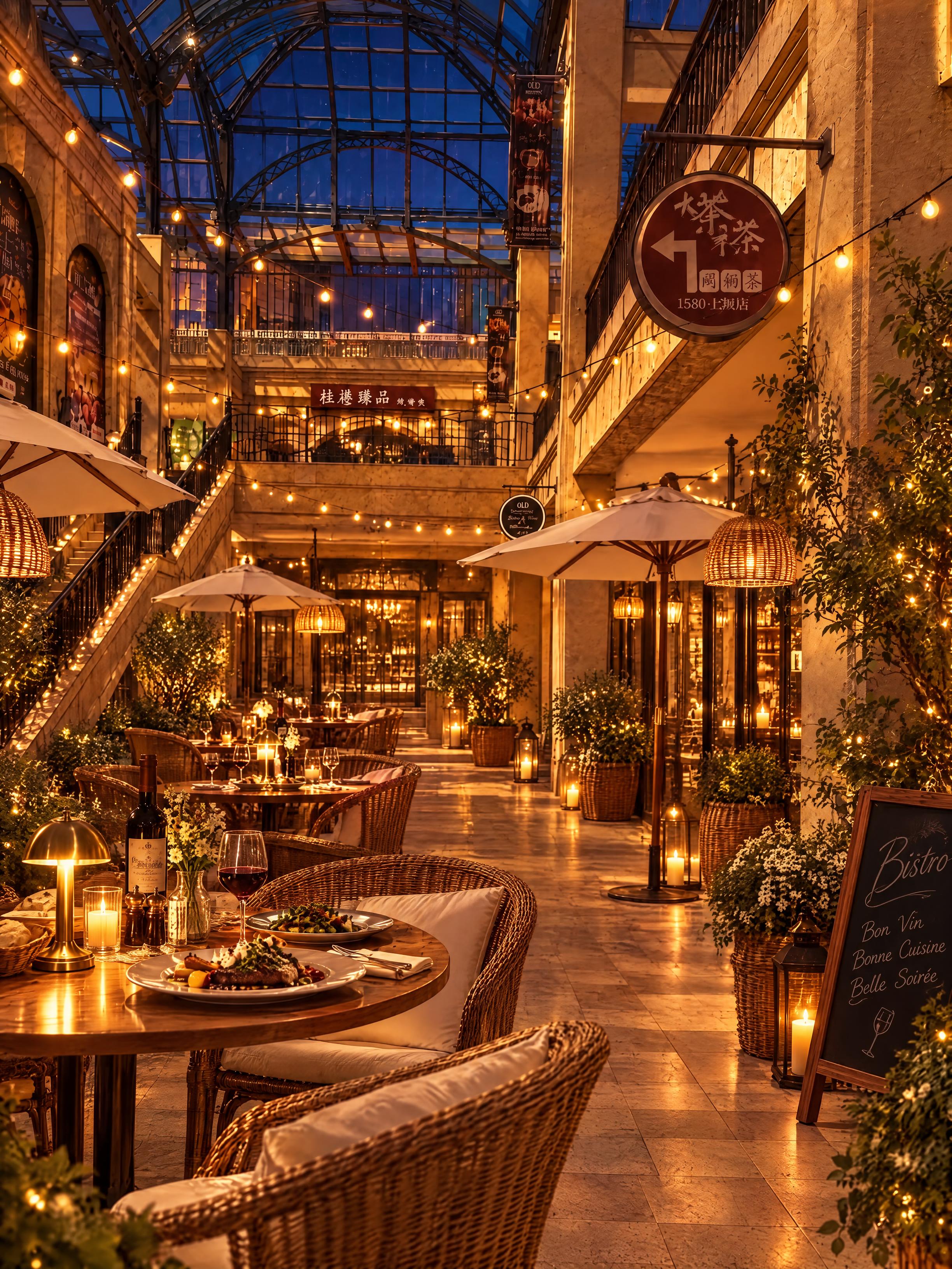 将这个中庭Brunch用餐区改为夜间bistro小酒馆氛围。夜… - 图片创意预览