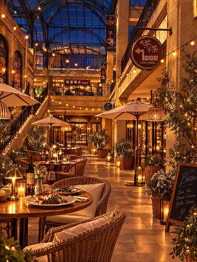 将这个中庭Brunch用餐区改为夜间bistro小酒馆氛围。夜晚场景，深蓝色夜空透过玻璃顶棚，暖黄色串灯全部点亮，藤编吊灯发出温暖光晕，餐桌上点起蜡烛和小台灯，餐点换成晚餐摆盘，有红酒杯、西餐餐盘、烛光晚餐氛围。店铺橱窗透出暖光，楼梯和建筑有暖光照明，整体光线昏暗柔和，营造浪漫温馨的法式夜间小酒馆bistro感觉，慵懒微醺的夜晚氛围，写实风格，高清细节