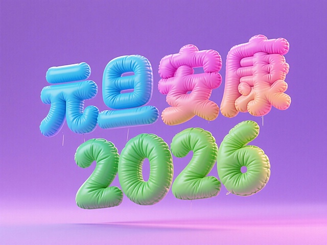 “元旦安康 2026” 立体字，悬浮在半空中，一个词一个色，色彩分别为蓝、绿、粉，上下渐变效果，充气膨胀的布料质感，圆润造型，紫色渐变背景