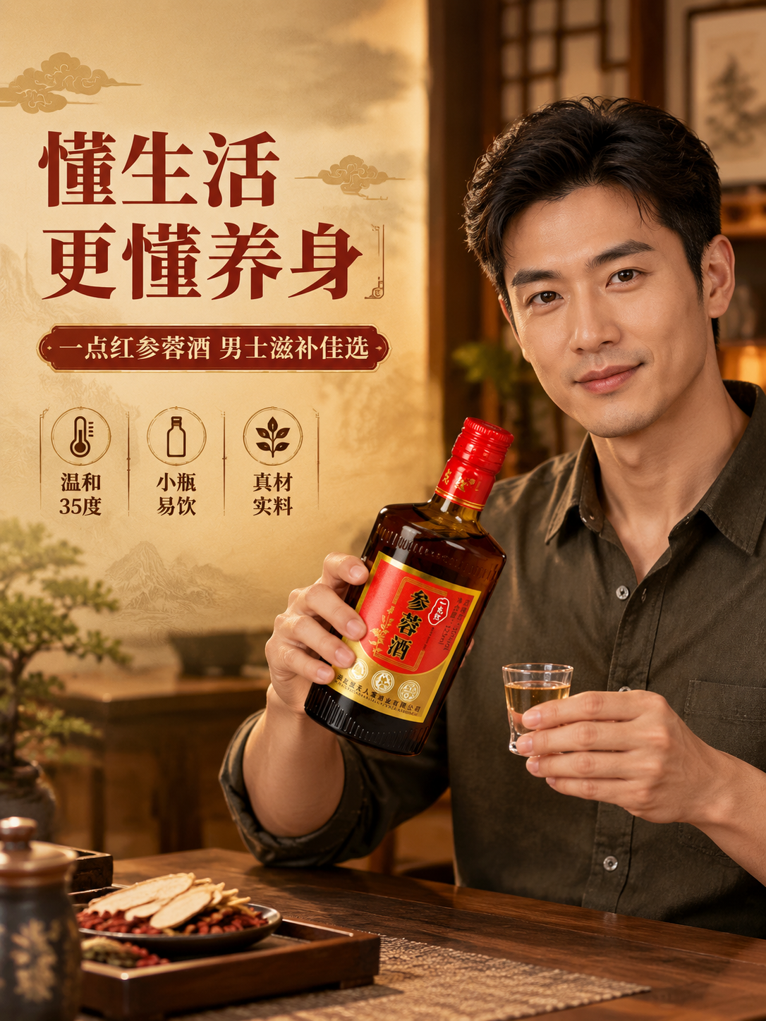 [商品] 使用【图1】一点红参蓉酒正面瓶身图；保留瓶身外观、颜… - 图片创意预览