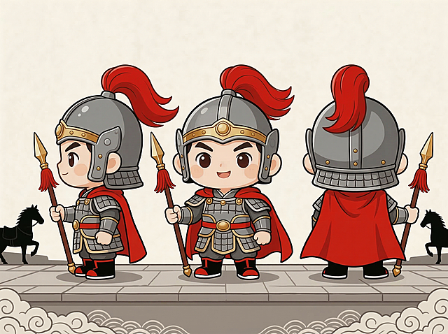 基于图中的Q版古代士兵IP，生成三视图，包含正面、侧面、背面，保持原有风格不变，扁平卡通风，士兵穿着灰色金饰铠甲，红色披风，头戴带红缨的灰色头盔，整体可爱Q版，米白色背景