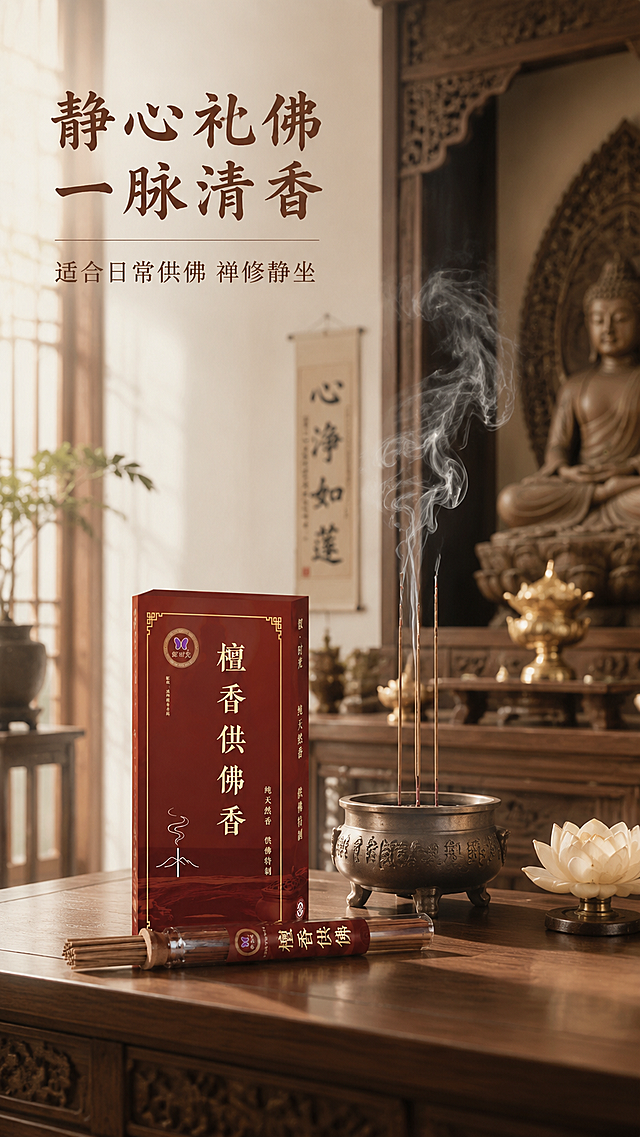 [第5屏] 场景应用展示-禅房供佛实景展示。本屏使用【图1】产品融入场景。
[氛围/风格] 静谧禅意氛围感，中式禅堂实景，柔和自然光，宁静悠远气质。
[元素布局] 产品放置在禅堂供桌一侧，占比约40%；背景是整洁佛龛供台，青烟从香炉缓缓升起，整体空间干净素雅，产品外观颜色保持和输入图一致。
[光影质感] 柔和漫射自然光，青烟朦胧层次，整体氛围宁静舒缓，明暗过渡自然。
[配色色系] 全局底色偏浅米木色，主色深木棕，辅助色红棕产品点缀，整体低饱和温暖。
[视角构图] 中景全景展示供佛场景，景深自然，产品融入环境不突兀。
[文字版式] 顶部主标题「静心礼佛 一脉清香」，副标题「适合日常供佛 禅修静坐」，文字置于画面左上角，不遮挡主体场景和产品。
[比例分辨率] 9:16 竖版比例，4K分辨率，文字清晰可辨，高清画质。
[负向提示词] 产品变形，颜色失真，场景杂乱，文字遮挡主体，水印