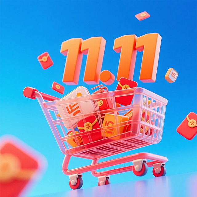 完整展示一辆透明质感的红色购物车，车里：装满商品+红包+巨大的橙色数字“11.11”。干净的蓝色背景