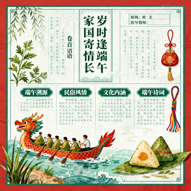 端午主题手抄报，1:1比例，2K分辨率，包含标题“岁时逢端午 家国寄情长”，班级、姓名、指导教师栏，卷首语，端午溯源、民俗风情、文化内涵、端午诗词四大板块文字内容，侧边手绘区左侧画满载粽子的龙舟、划手预览效果
