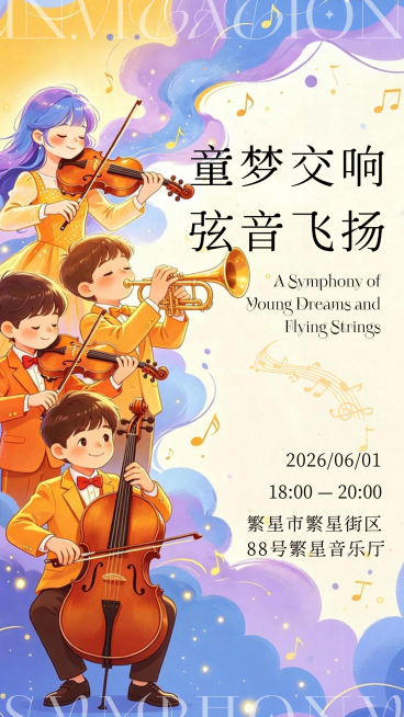 儿童音乐会插画梦幻活动邀请函竖版海报预览效果