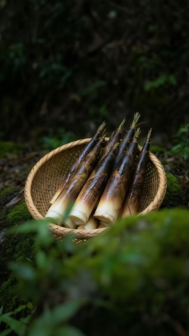 参考图片风格，新鲜春笋竹笋放在竹编篮子里，背景是深绿色山野苔藓深色自然环境，没有任何文字，清新自然质感，深色调背景，竖版构图