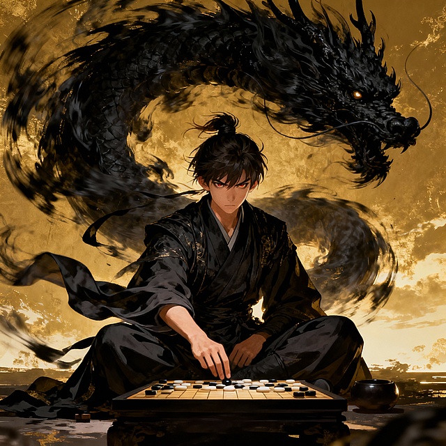 你这个显得有点古早，缺乏少年血气，我要那种与天对弈的感觉，少年的背后要有黑色的龙形气体