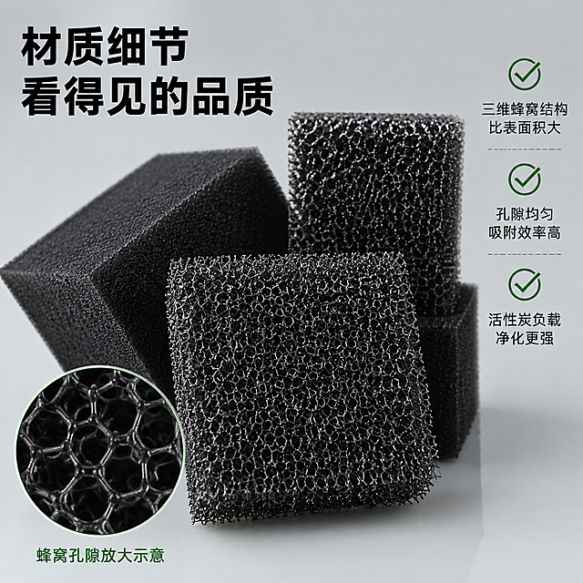 [主图-3] 活性炭过滤棉材质工艺细节特写图。
[氛围风格] 专业工业风，浅灰背景，突出材质细节质感。
[画质] 商业微距摄影质感、细节锐利清晰、材质纹理真实可触。
[元素] 画面主体是几块黑色活性炭过滤棉方块堆叠摆放，前景一块过滤棉呈蜂窝网状结构正对镜头，孔隙清晰可见，三维立体网状结构细节丰富。后方几块过滤棉展示不同角度和切面。左下角有一个放大圆形视窗，进一步放大展示蜂窝孔隙内部结构。保持活性炭过滤棉外观（即物理结构、材质质感、黑色颜色）与输入产品图一致，杜绝任何变形和色差。商品主体占比约70%。浅灰色纯色背景，干净简洁。
[光影] 侧前方45度主光斜打，突出蜂窝结构的立体感和孔隙深度，顶部柔光补光，底部轻微反光，材质细节层次丰富。
[配色] 主色浅灰背景，产品黑色，辅助色深绿色，文字深灰与绿色。
[视角构图] 微俯视近景特写，前景过滤棉清晰锐利，后景略有虚化，景深较浅突出材质细节。
[文字版式] 左上角标题「材质细节 看得见的品质」黑色大号粗体字。右侧竖排三条卖点：「三维蜂窝结构 比表面积大」「孔隙均匀 吸附效率高」「活性炭负载 净化更强」，每条配一个小绿色对勾图标。左下角放大视窗旁标注「蜂窝孔隙放大示意」绿色小字。文字清晰不遮挡主体。
[输出要求] 1:1比例，2048*2048px，文字清晰锐利，超高清微距摄影质感。
[负向提示词] 变形，文字错乱，产品图模糊，背景杂乱，水印，电商平台Logo。
