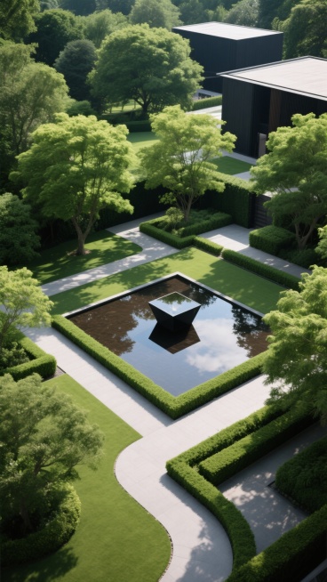 从高空俯瞰的现代风格花园景观，画面以茂密的深绿色和鲜绿色树木为主，阳光透过树叶形成斑驳的光影效果，中央有一个几何形状的深色水景装置，水面平静倒映着天空，周围环绕着修剪整齐的绿篱和蜿蜒的浅灰色步道，远处可见简约的深色建筑轮廓，整体呈现出宁静、自然与现代设计融合的和谐氛围，光影层次丰富，细节质感清晰，色调以绿色系为主导，搭配中性的灰色和深棕色，营造出高端、雅致的户外空间感。预览效果