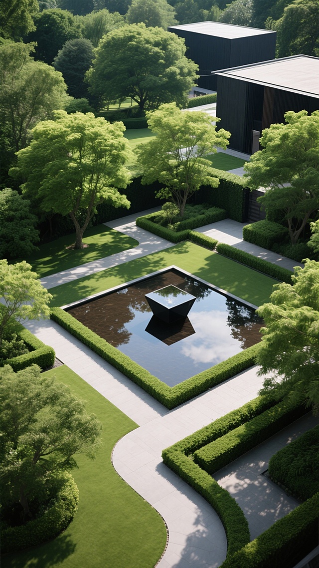 从高空俯瞰的现代风格花园景观，画面以茂密的深绿色和鲜绿色树木为主，阳光透过树叶形成斑驳的光影效果，中央有一个几何形状的深色水景装置，水面平静倒映着天空，周围环绕着修剪整齐的绿篱和蜿蜒的浅灰色步道，远处可见简约的深色建筑轮廓，整体呈现出宁静、自然与现代设计融合的和谐氛围，光影层次丰富，细节质感清晰，色调以绿色系为主导，搭配中性的灰色和深棕色，营造出高端、雅致的户外空间感。