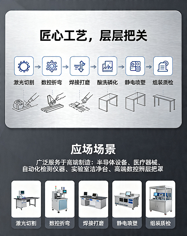包含工艺流程和应用场景的电商详情页，上方工艺流程板块标题“匠心工艺，层层把关”，流程：激光切割 -> 数控折弯 -> 焊接打磨 -> 酸洗磷化 -> 静电喷塑 -> 组装质检，文案：每一道工序都严格执行ISO标准，确保产品耐用、美观。下方应用场景板块，文案“广泛服务于高端制造：半导体设备、医疗器械、自动化检测仪器、实验室洁净台、高端数控机床防护罩”。专业清晰的工业电商详情页设计风格。