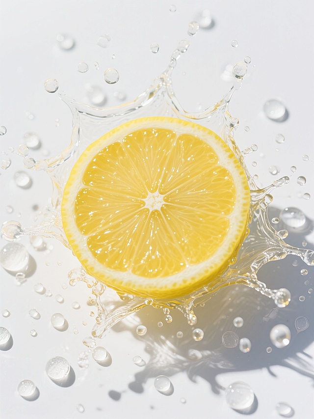 一个被切成两半的圆形柠檬，果肉呈现出明亮的黄色，果皮带有细密的纹理，切面清晰可见放射状的果瓣和中心的白色果核，柠檬周围环绕着大量飞溅的透明水珠和水花，水珠大小不一，有的呈球形，有的呈细长的水滴状，水花呈现出动态的扇形和弧形，整体画面以纯白色为背景，光线从上方照射，在柠檬表面形成高光和阴影，突出了柠檬的立体感和水珠的透明质感，色彩鲜明，对比强烈，充满了清新、活泼的视觉效果。