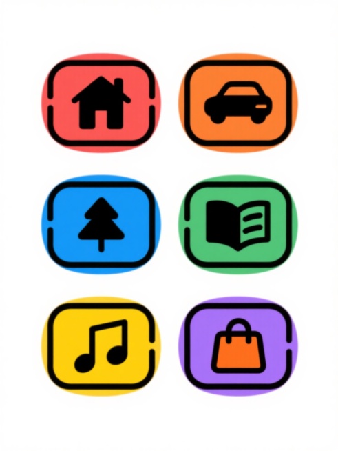 六个黑色简约线条图标，每个图标代表不同的元素内容（如房子、汽车、树木、书本、音乐符号、购物袋），均采用相同的圆角矩形边框和内部水平线条的极简设计风格，分别填充为六个完全不同的纯色背景（如红色、蓝色、绿色、黄色、紫色、橙色），图标尺寸统一，在白色背景上呈规整的2x3网格排布，整体保持现代、简洁、易识别的视觉特征，每个图标独立且具有明确的象征意义，适合作为系列素材集合使用。预览效果