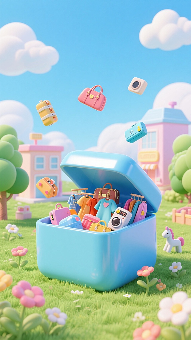 草地上巨大蓝色购物盒，里面和周围装满并环绕各类可爱商品（服饰、箱包、电器等），周围有马卡龙色系卡通建筑、树木、花朵，还有漂浮的商品与小装饰元素，背景是晴朗蓝天与白云