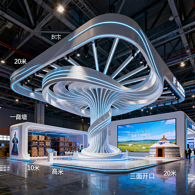 超现实科技中枢风格展览会展台，宽度10米、长度20米、高度6米，三面开口一面背墙，多曲面流动旋转造型，打破传统方框结构，线条梁体穿插设计，工业光魔风格，动态光影对比，广角镜头呈现强空间感。展台融合内蒙古文化与蒙古族元素，内部规划有仓储区、LED大屏展示区域。