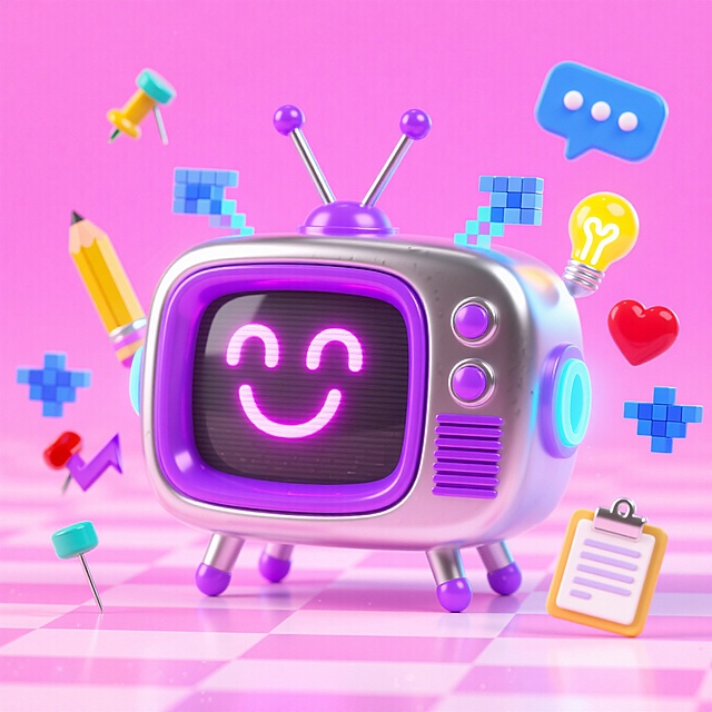 3D卡通风格电视，霓虹灯笑脸，emoji元素环绕，可爱感十足。