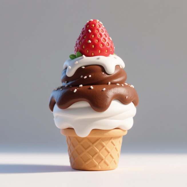 彩泥冰淇淋杯，奶油形状，一层白色，一层巧克力，草莓装饰，糖霜装饰，png格式，白光拍照预览效果