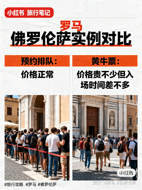 小红书内容页，对比预约排队和买黄牛票两种情况：预约排队价格正常，黄牛票贵不少但入场时间差不多，标题文字“罗马 佛罗伦萨实例对比”清晰醒目，写实自然无AI感，高清3:4比例符合小红书旅行笔记风格预览效果
