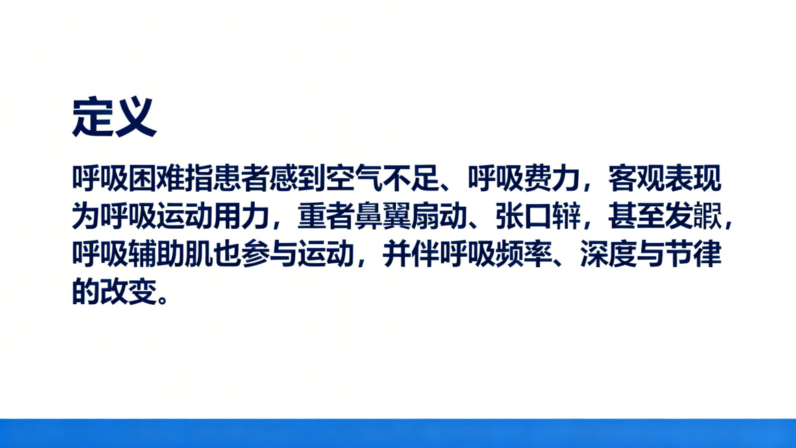 医学PPT内容页，标题"定义"，正文内容："呼吸困难指患者感到空气不足、呼吸费力，客观表现为呼吸运动用力，重者鼻翼扇动、张口耸肩，甚至发绀，呼吸辅助肌也参与运动，并伴随呼吸频率、深度与节律的改变。"预览效果