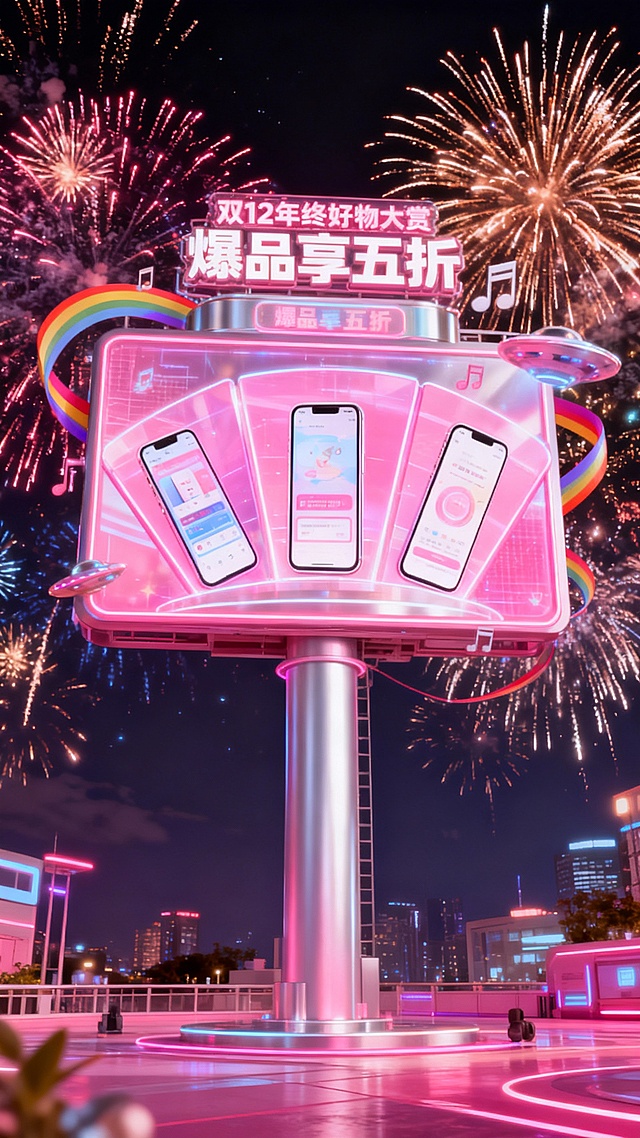 广角仰视构图，潮流酸性设计，粉色、银色为主色调。画面中心是立体促销大屏，有立柱支撑，全息展示图示手机（3个，扇面式展开）。大屏顶部标题”双12年终好物大赏““爆品享五折”。周围有彩虹带、飞碟、音符装饰。烟花夜景背景。