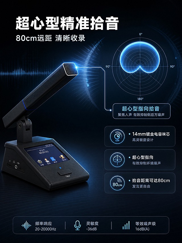 [商品] 使用【图1】HA-H8130D坐席代表单元会议话筒；保留黑色机身、方形底座、可调节短咪杆、3.5英寸触控屏的完整结构；重点展示咪杆头部拾音区域；产品上原有红色装饰线弱化为深蓝色，整体无红色。
[画面] 目标：核心拾音技术可视化，证明远距高清音质。构图：产品位于画面左下侧，咪杆朝右上抬起，约占画面40%；右上区域用冰蓝色声波弧线和拾音范围示意图（超心型指向图案）表现拾音技术；背景为深色科技感空间，有细微声波纹理；用发光引线从咪头指向技术说明区。
[视觉] 套系策略：风格=京东专业商务科技风，深色高级商业摄影；标题字=现代无衬线粗黑体；正文字=简洁无衬线中黑体；主色=炭黑+深海蓝；背景延展=基于炭黑做深蓝渐变、科技微光粒子和细腻磨砂质感，层次深邃不杂乱；强调色=冰蓝色，仅用于小面积图标、引线、光效和标签；标题色=纯白；正文色=浅灰蓝；组件=细线圆角信息卡、冰蓝发光引线、深色半透明胶囊标签；光影=左前侧冷调柔光，产品边缘有蓝色轮廓光，底部自然接触阴影。
[文字] 上方主标题"超心型精准拾音"，副标题"80cm远距 清晰收录"；右侧3个技术点："• 14mm镀金电容咪芯 高灵敏度设计"、"• 超心型指向 有效抑制环境噪声"、"• 拾音距离可达80cm 发言更自由"；底部小字标注参数："频率响应 20-20000Hz | 灵敏度 -36dB | 等效噪声级 16dB(A)"；所有文字横向排版。
[规格] 图片比例3:4竖版，4K，负向提示：避免红色、避免产品结构错误、避免文字过小、避免白底、避免京东Logo、避免极限词。