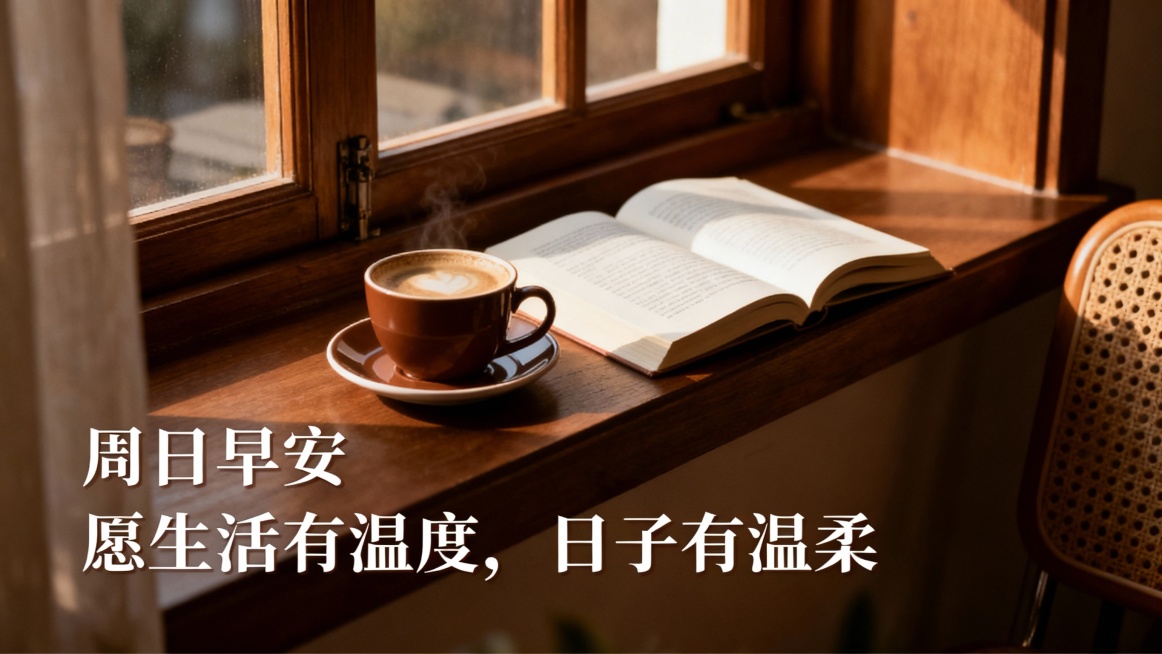 温馨居家风，暖棕色调，窗边咖啡杯 + 翻开的书本实景感，文字偏下温柔字体：周日早安 愿生活有温度，日子有温柔，生活化，氛围感拉满，治愈系实景风，手机横屏尺寸预览效果