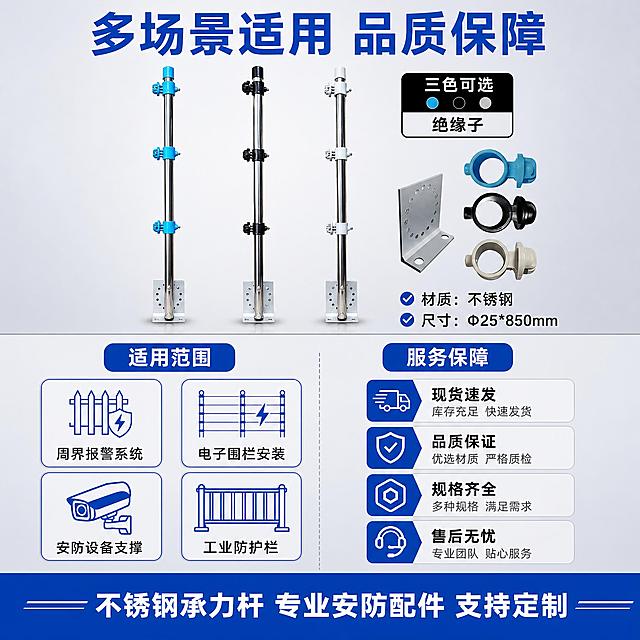 [主图-5] 应用场景与服务背书图，展示产品适用场景和服务保障，收口促成交。
[统一基调] 报警行业配色体系，主色警蓝+深灰+白色辅助色，整体克制高级，柔和棚拍光，浅灰渐变优化背景。产品名称文字优先凸显，无衬线粗体，标题警蓝色，辅助文字深灰色。
[画面] 画面上半部分展示三根承力杆（三色各一）并排陈列，带底座，产品外观与原图完全一致，占画面约40%。下半部分分为左右两区：左侧为适用场景图标区，右侧为服务保障区。场景用简洁的图标+文字形式展示，不用真实人物和复杂场景。
[光影质感] 柔和棚拍光，产品金属表面干净高光，整体光影均匀，底部有自然接触阴影。下方图标区域为扁平化设计风格。
[配色] 背景浅灰渐变，上半部分稍亮下半部分稍深形成层次。场景图标用警蓝色线条风格，服务保障用警蓝色标签。
[文字版式] 顶部大标题「多场景适用 品质保障」，警蓝色粗体大字。产品下方左侧场景区：标题「适用范围」，下方4个场景项配图标：「周界报警系统」「电子围栏安装」「安防设备支撑」「工业防护栏」，2x2排列。右侧服务区：标题「服务保障」，下方4项：「现货速发」「品质保证」「规格齐全」「售后无忧」，竖排排列。最底部一条警蓝色横幅，白色大字「不锈钢承力杆 专业安防配件 支持定制」。画面所有空白位置用场景说明、服务文字或装饰线条填充，不留空白。
[输出要求] 比例1:1，文字清晰可读，产品清晰锐利，无变形，无错字，无水印，无平台Logo。