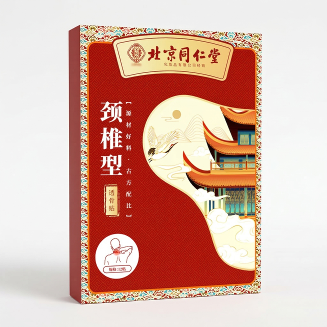 北京同仁堂颈椎型透骨贴产品展示图，将产品放在干净纯色背景中预览效果