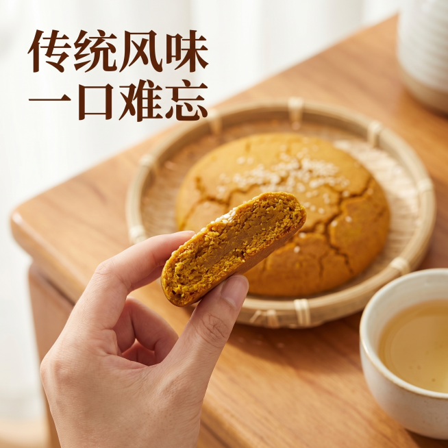 [主图 4] 荞酥月饼食用场景，展示自然享用的瞬间，提升代入感。[氛围/风格] 生活化美食氛围，温暖治愈，商业摄影质感、光线柔和通透、产品清晰真实、画面干净高级。[元素/光影] 一只手拿着切好的一小块预览效果