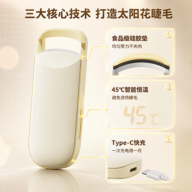 [主图-2] 电动睫毛夹核心功能卖点图 三段式技术拆解
[氛围风格] 温柔科技感 奶油风美妆个护 信息可视化
[画质] 商业摄影质感 光线柔和通透 产品清晰真实 画面干净高级
[元素] 奶黄色电动睫毛夹竖向居中偏左摆放 正面展示完整形态 右侧竖向排列三个功能模块卡片 用柔和曲线连接到产品对应部位 上方卡片连接顶部夹口 配硅胶垫横截面示意图 中间卡片连接侧面按键 配温度数字45℃发光显示 下方卡片连接底部 配Type-C充电口特写 背景为浅米色渐变 带细微网格纹理和柔焦光斑 保持睫毛夹外观（即物理结构 材质质感 奶黄色颜色 顶部提手 侧面按键）与输入产品图一致 杜绝任何变形和色差 商品主体占比约50%
[光影] 正面柔光均匀打亮 产品边缘有轻微轮廓光 功能卡片带淡金色发光边框 整体明亮通透有科技感
[配色] 主色浅米色背景 辅色奶黄色（产品） 点缀色淡金色（卡片边框和图标）深咖色（文字）
[视角构图] 平视正面视角 产品居左 功能卡片居右竖向排列 构图平衡有层次
[文字版式] 顶部居中主标题"三大核心技术 打造太阳花睫毛" 奶咖色粗体 三个功能卡片内分别配文字 上方"食品级硅胶垫 均匀受力不夹肉" 中间"45℃智能恒温 避免烫伤睫毛" 下方"Type-C快充 一次充电用一月" 卡片标题稍大粗体 说明文字稍小 均为深咖色 卡片为圆角矩形半透明白底 文字清晰不遮挡产品主体
[输出要求] 1:1比例 文字清晰可辨 超高清商业摄影质感
[负向提示词] 变形 文字错乱 产品图模糊 背景杂乱 水印 电商平台Logo