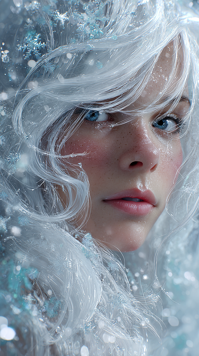 Close-up portrait of a beautiful ice queen with ultra-detailed, frost-covered silver-white hair flowing around her face, each strand rendered with crystalline clarity and glowing highlights. Her eyes are luminous sapphire blue, reflecting snowflakes and cold light. Delicate snowflakes float in the air around her, some resting on her skin and hair, others blurred in motion. She has soft rosy cheeks and slightly parted lips, expression serene yet powerful. Background is a dreamy gradient of icy blue and white with bokeh snow particles. Digital painting, fantasy anime style, hyper-realistic hair texture, cinematic lighting, shallow depth of field, vertical composition, 8k resolution, trending on ArtStation.，--ar 9:16 --v 6.0 --q 2 --stylize 750 --chaos 10