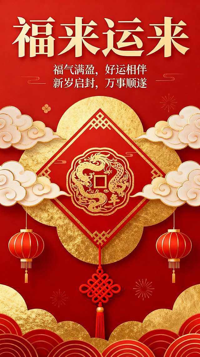 国潮风剪纸与鎏金浮雕结合，红金配色尽显喜庆中式感，祥云龙纹寓意福运双至，春节主题设计。
