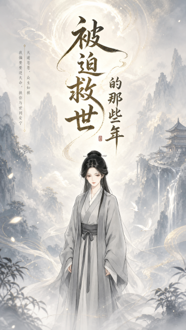 将图片设计为古风漫剧封面，添加剧名"被迫救世的那些年"，替换非纯白色背景，比例9:16，古风仙侠氛围感预览效果