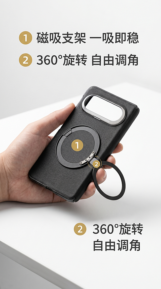 「图片1」「图片1」「图片1」第 1 屏（首屏视觉・抓眼）
视觉要求：
拍摄角度：45° 斜侧手持，同时展示橙 / 银 / 棕 / 黑四色手机壳（黑壳在前，其余三色叠在后方），手指轻触黑色壳的旋转支架
背景：统一浅灰色哑光墙面（无纹理，纯净简洁），光线用 “柔和侧光”（突出皮质纹理 + 支架金属质感）
细节：四色壳的皮质纹理清晰可见，支架处于半展开状态，露出旋转结构
构图：产品居中，上下左右留 15% 留白，整体画面简洁有层次
文案：「折叠屏专属 | 皮质壳 + 旋转支架，好看又好用」
字体：无衬线粗体（如思源黑体），颜色 #333333，位于画面底部居中
第 2 屏（皮质质感亮点）
视觉要求：
拍摄角度：垂直俯拍，聚焦黑色壳的皮质区域
背景：统一浅灰色哑光桌面
光线：顶光 + 柔光（均匀打亮纹理，避免反光），放大至 “1cm² 皮质区域”，清晰展示细腻颗粒纹理
细节：用手指轻触纹理（仅露指尖），体现 “亲肤手感”
构图：皮质特写占画面 80%，居中展示，四周留白
文案：「不止是壳：细腻皮质握感舒服，摸得到的高级」
字体：无衬线常规体，颜色 #555555，位于画面底部居中
第 3 屏（360 旋转支架功能）
视觉要求：
构图：左右分栏（左 50%+ 右 50%）
背景：统一浅灰色哑光桌面
左栏：支架 360° 旋转动态图（3 帧：折叠→半旋→全展开），展示旋转的流畅性
右栏：支架立屏实拍（横屏 + 竖屏各一张）：上半部分是横屏立着刷剧，下半部分是竖屏立着办公
光线：柔和顶光
文案：「想怎么放都行：360° 旋转支架，横屏刷剧、竖屏办公都方便」
字体：无衬线常规体，颜色 #555555，位于画面底部居中
第 4 屏（多配色选择）
视觉要求：
构图：四宫格（2×2），每格展示一种配色的装机效果
背景：统一浅灰色哑光桌面
细节：
左上：活力橙装机图（搭配浅色手机）
右上：质感黑装机图（搭配深色手机）
左下：简约银装机图（搭配银色手机）
右下：轻奢棕装机图（搭配金色手机）
光线：统一柔和侧光
文案：「选色适配风格：
▶ 活力橙→日常出街
▶ 质感黑→商务办公
▶ 简约银→低调百搭
▶ 轻奢棕→精致格调」
字体：无衬线常规体，颜色 #555555，位于四宫格下方
第 5 屏（折叠屏精准适配）
视觉要求：
主视觉：装机后开合动态图（3 帧：闭合→半开→完全展开）
背景：统一浅灰色哑光桌面
细节：展示 “中轴处无卡顿、壳身与屏幕无缝贴合”，用白色箭头标注 “开合无阻碍”
光线：环绕柔光
文案：「专为折叠屏做的：开合不卡屏，折叠处严丝合缝」
字体：无衬线常规体，颜色 #555555，位于画面底部居中
第 6 屏（商务场景・办公）
视觉要求：
场景：极简办公桌（仅放笔记本电脑 + 文件），背景为浅灰色哑光墙面
主视觉：支架竖屏立着，屏幕显示商务文档，手机壳为质感黑配色
光线：办公环境光（柔和不刺眼），背景统一浅灰色调
文案：「办公用它：支架解放双手，讲方案更从容」
字体：无衬线粗体，颜色 #333333，位于画面底部居中
第 7 屏（日常场景・通勤 / 居家）
视觉要求：
构图：左右分栏（左：通勤；右：居家）
背景：统一浅灰色哑光桌面
左栏：通勤手持图（手插在口袋里，露出手机壳一角，配色为活力橙）
右栏：居家刷剧图（支架横屏立着，屏幕显示剧集，配色为简约银）
光线：左栏自然光，右栏暖光，均统一浅灰色背景
文案：「日常带它：轻便不占地，揣兜通勤、居家刷剧都合适」
字体：无衬线常规体，颜色 #555555，位于画面底部居中
第 8 屏（细节保护・镜头 / 中轴）
视觉要求：
构图：左右分栏（左：镜头；右：中轴）
背景：统一浅灰色哑光桌面
左栏：镜头区特写（垂直俯拍），展示 “镜头加高 0.3mm”，用白色箭头标注
右栏：中轴贴合特写（侧拍），展示 “壳身与中轴无缝贴合”
光线：顶光 + 柔光
文案：「核心区不裸奔：镜头加高、中轴贴合，日常用更安心」
字体：无衬线常规体，颜色 #555555，位于画面底部居中
第 9 屏（手感体验）
视觉要求：
拍摄角度：第一人称视角（手指握持壳身）
背景：统一浅灰色哑光桌面
细节：展示 “壳身轻薄（约 25g）”，手指与皮质的接触自然
光线：侧光（突出亲肤质感），背景虚化
文案：「握在手里的舒服：皮质壳身轻薄，久握不压手」
字体：无衬线常规体，颜色 #555555，位于画面右侧
第 10 屏（信任收尾）
视觉要求：
构图：产品多角度实拍（支架展开 / 闭合 / 装机）+ 四配色展示，拼接成横幅
背景：统一浅灰色哑光墙面
光线：统一柔和侧光
文案：「折叠屏用户的实用之选：质感、支架、适配，这壳懂你」
字体：无衬线粗体，颜色 #333333，位于画面底部居中